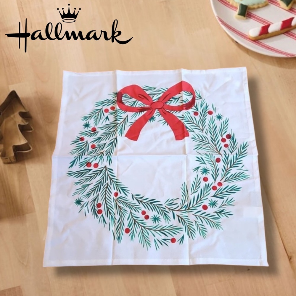 Hallmark Festive Wreath Holiday Tea Towel with Red Bow